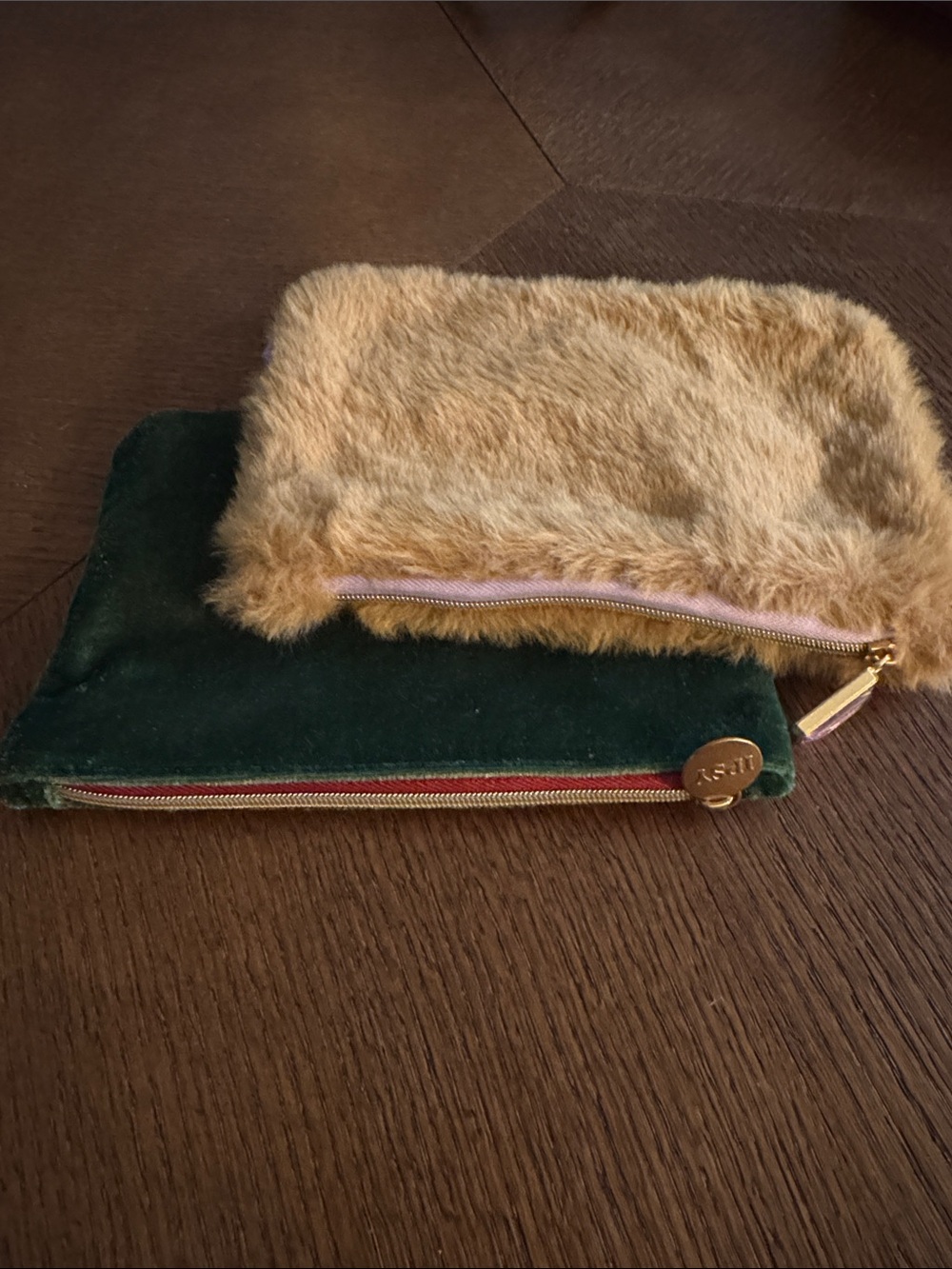 ipsy Green Velvet and Tan Faux Fur Zip Pouch Duo